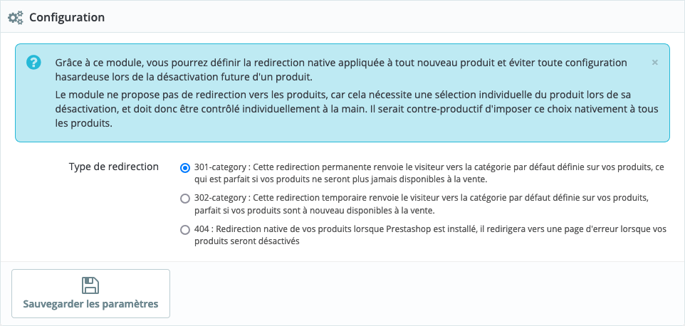 Définitions des 3 redirections proposées par le module : 301- category, 302-category, 404